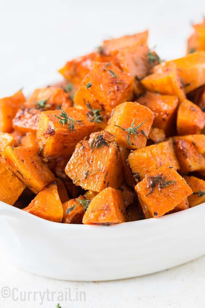 roasted butternut squash in white bowl