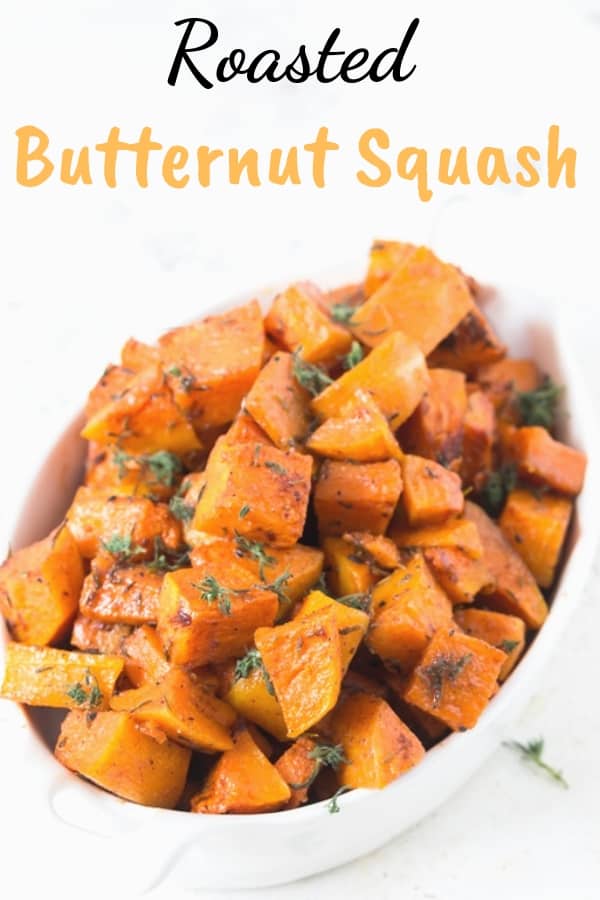 roasted butternut squash in white bowl with text overlay