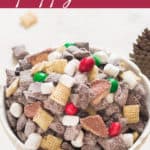 puppy chow in white bowl with text overlay