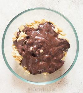chocolate peanut butter sauce poured over chex cereal