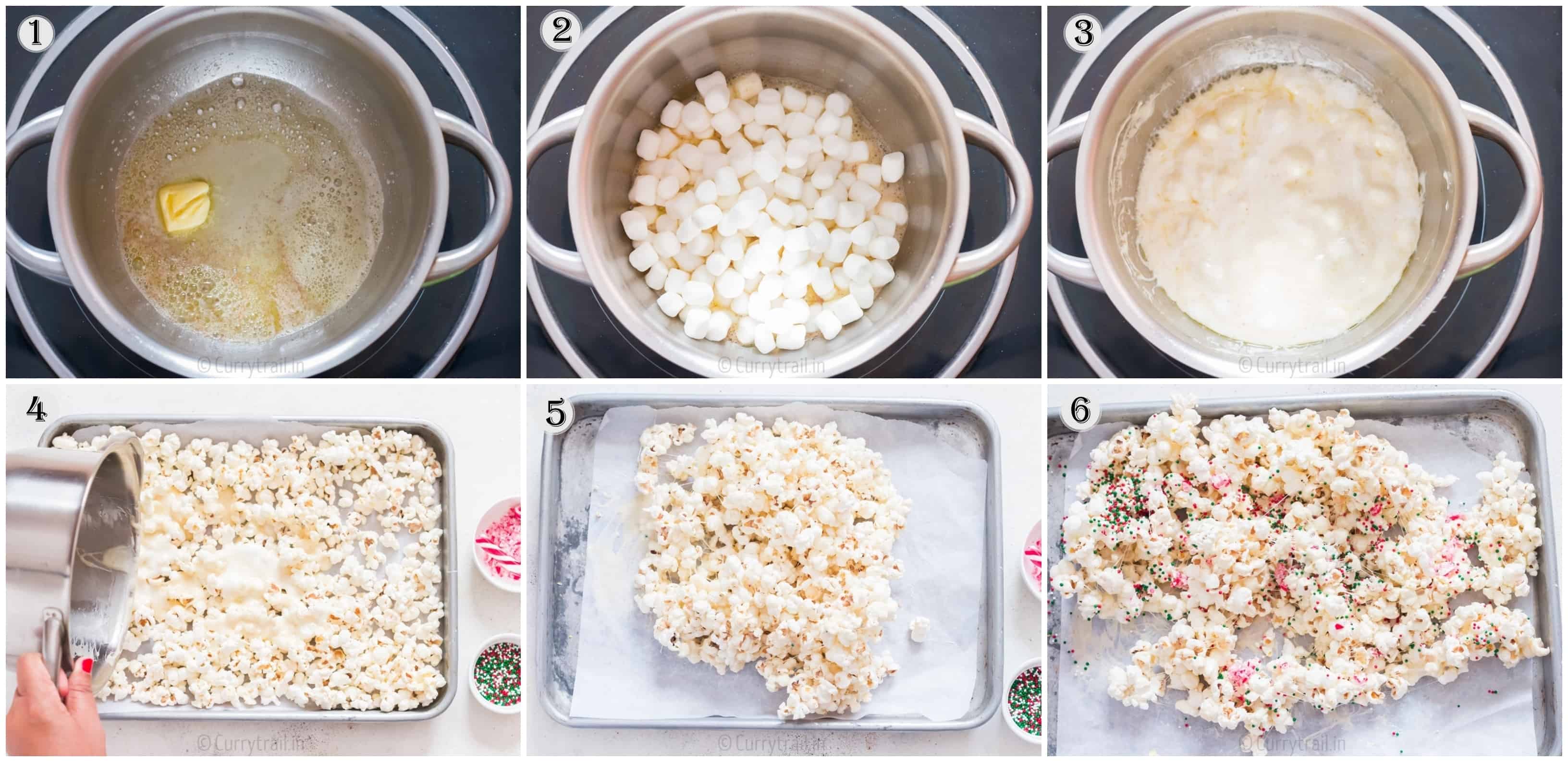 step by step picture collage of Christmas popcorn