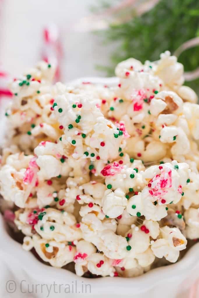close up view of Christmas popcorn