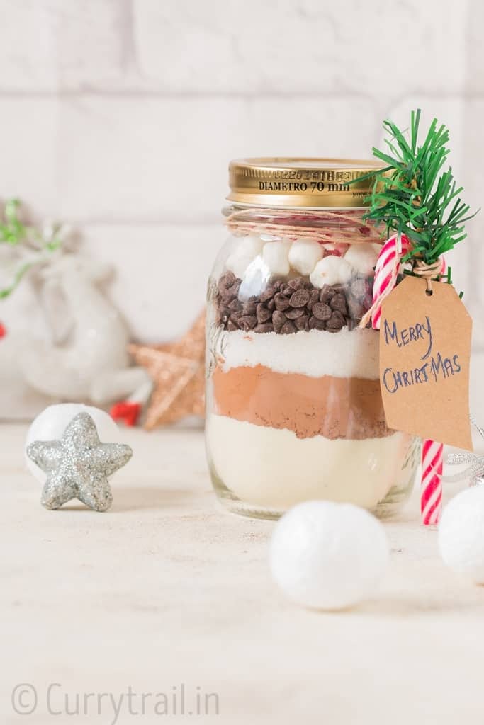 Homemade hot chocolate mix in mason jar for Christmas gifting