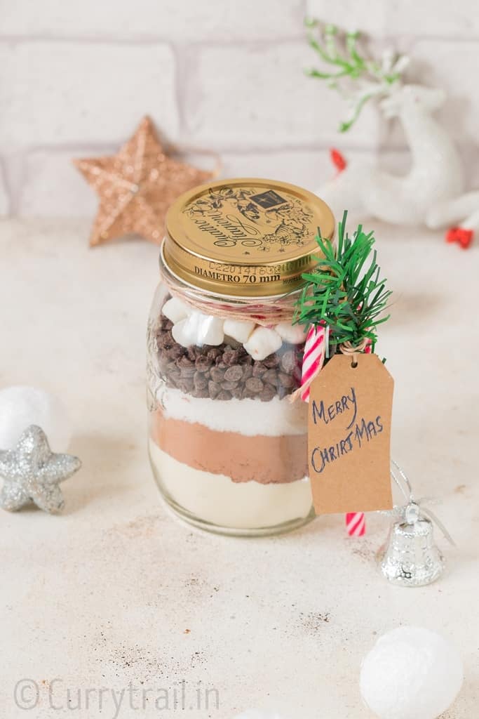 Homemade hot chocolate mix in mason jar for Christmas gifting