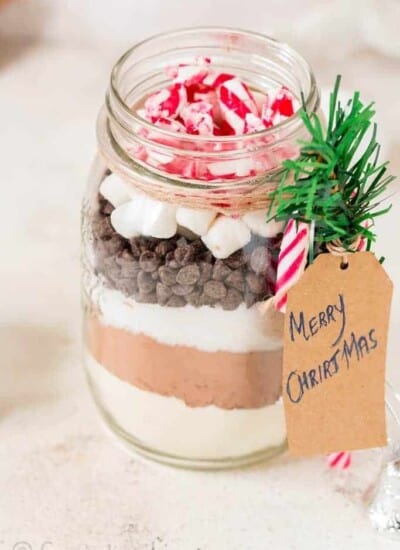 Homemade hot chocolate mix in mason jar for Christmas gifting