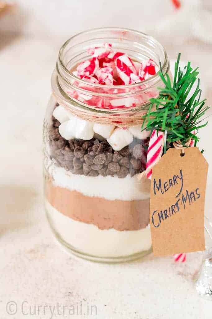 Homemade hot chocolate mix in mason jar for Christmas gifting