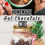 homemade hot chocolate mix in glass jars for gifting with text