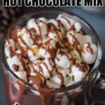 homemade hot chocolate made using homemade mix in glass cups with text
