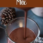 pouring hot chocolate into a glass cup with text overlay.