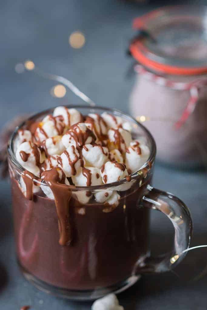 hot chocolate made using homemade mix in glass cup