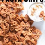 pasta chips in white ceramic plate with text