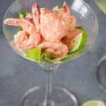 prawn cocktail served in glass ware with text overlay