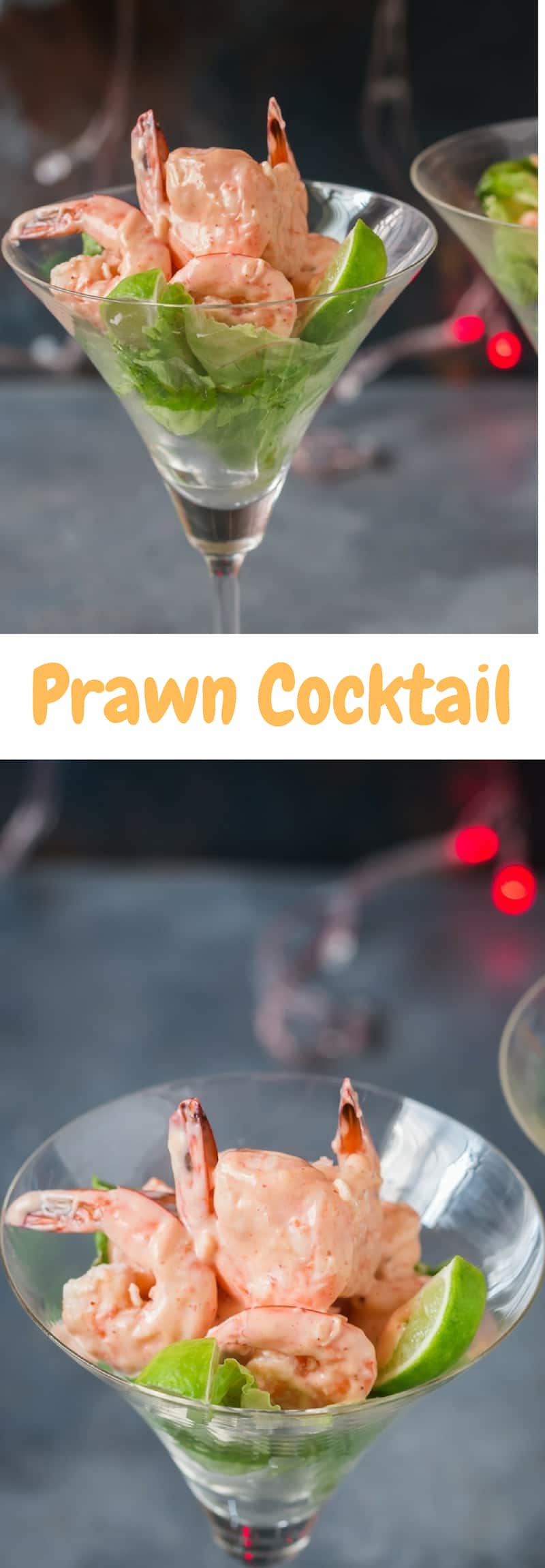 prawn cocktail served in glass ware with text overlay