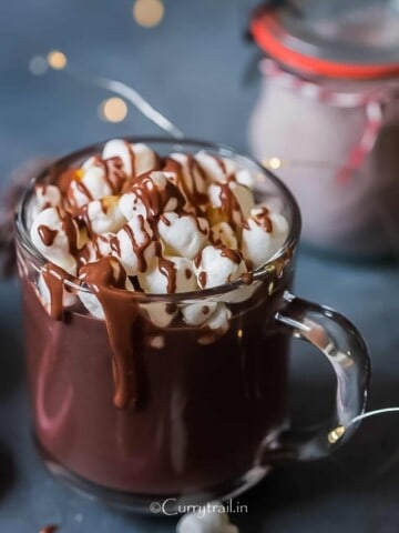 hot chocolate in a cup with a mini marshmallow.