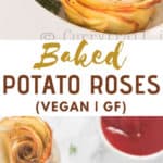 baked potato roses served in white oval ceramic dish with sauce on side with text overlay