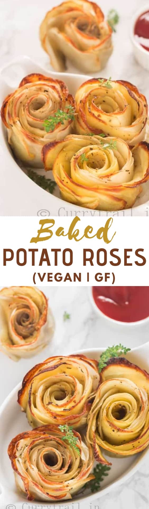 baked potato roses served in white oval ceramic dish with sauce on side with text overlay