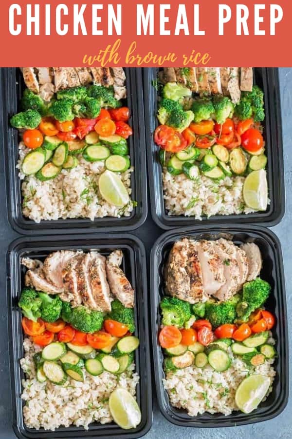 chicken meal prep with brown rice with text overlay