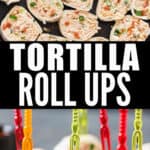 chicken enchilada tortilla roll ups in ceramic plate with text