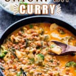 healthy vegan curry with chickpeas and loads of veggies in it with text