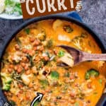 easy homemade chickpea curry with loads of veggies in skillet with text