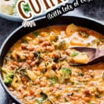 chickpea curry with loads of veggies in skillet with text