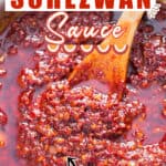spicy chili sauce made in pan with text overlay
