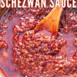 spicy chili sauce made in pan with text overlay