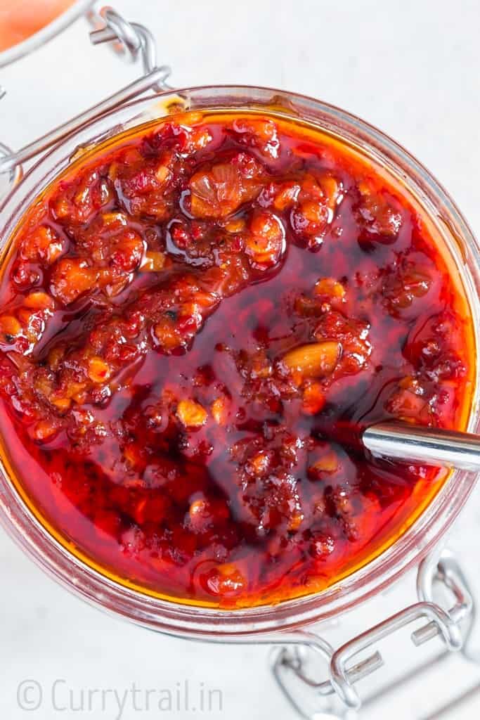 Solho de Schezwan Picante feito a domicílio é um delicioso molho de alho Indo-Molho chinês de alho que pode ser usado em arroz frito ou macarrão