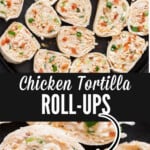 tortilla pinwheels with creamy chicken filling on a plate with text overlay.