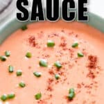 bang bang shrimp sauce in ceramic bowl with text