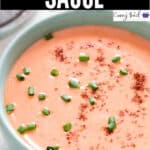 bang bang shrimp sauce in ceramic bowl with text