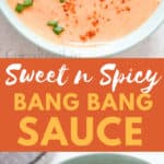 bang bang shrimp sauce in bowl with fried shrimps on side with text overlay