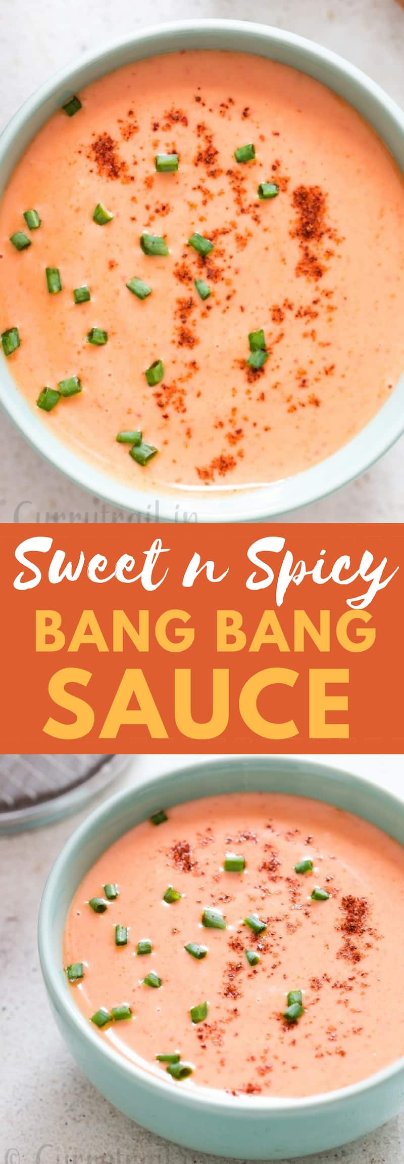 bang bang shrimp sauce in bowl with fried shrimps on side with text overlay