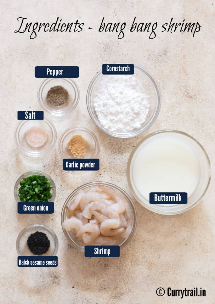 all ingredients for bang bang shrimp are arranged on white board.