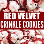 red velvet crinkle cookies served in ceramic plate with text