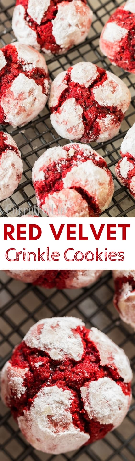 red velvet crinkle cookies with text overlay