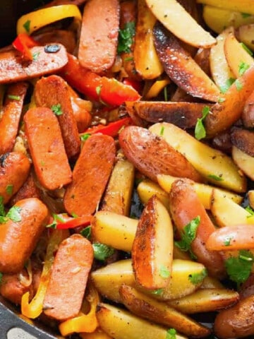 skillet potatoes with garlic in cast iron pan