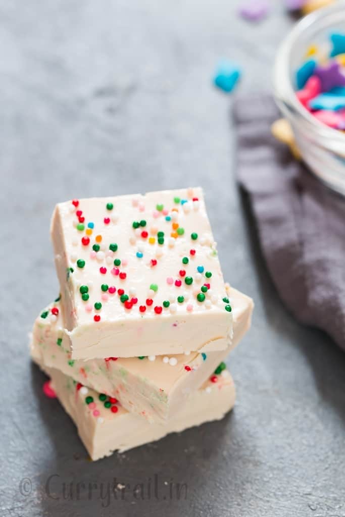 white chocolate fudge stacked up