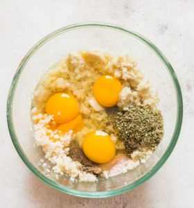 mixing cauliflower breadstick dough for cauliflower breadsticks