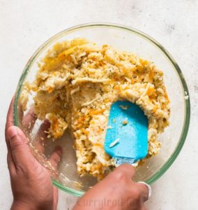 mixing cauliflower breadstick dough for cauliflower breadsticks