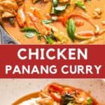 chicken panang curry served over rice on white bowl with text overlay