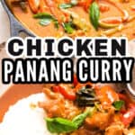 chicken panang curry in cast iron skillet with text