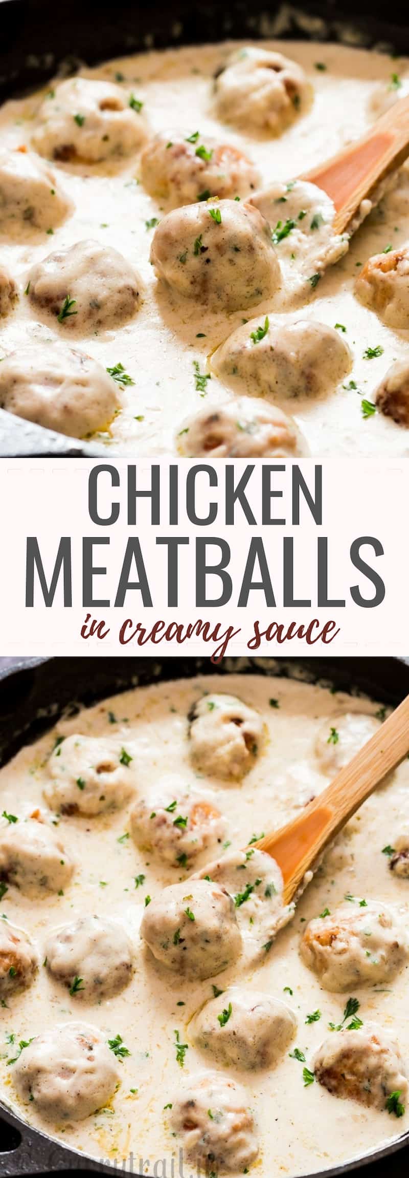 chicken meatballs in cream sauce is decadent chicken meatballs smothered with rich and delicious cream sauce with text over lay