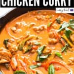 chicken panang curry in skillet with text