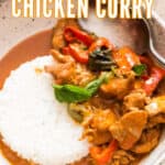 Thai chicken curry served with rice in ceramic bowl with text