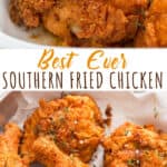 Southern style fried chicken with text overlay
