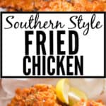 Southern style fried chicken with text overlay