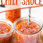 Asian chili sauce in glass jars with text overlay