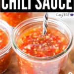 spicy sweet chili sauce in glass jars with text