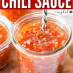 spicy sweet chili sauce in glass jars with text